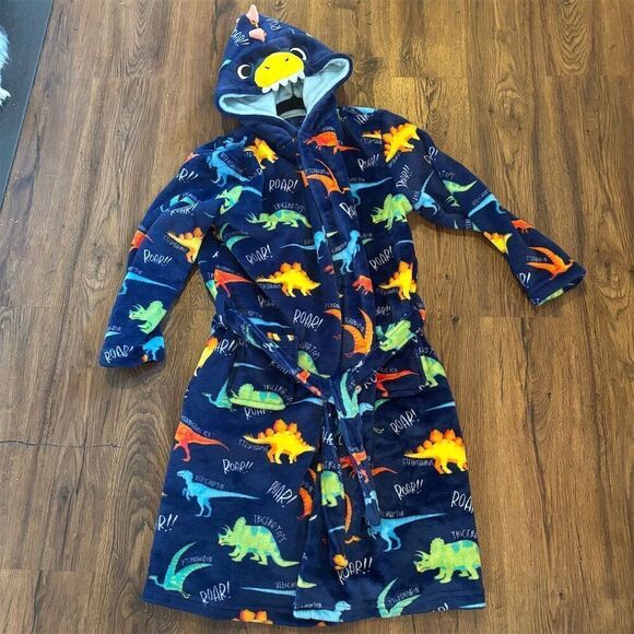 Giggling Getup Kids Dinosaur Hooded Plush Robe Blue Size L - Picture 7 of 11